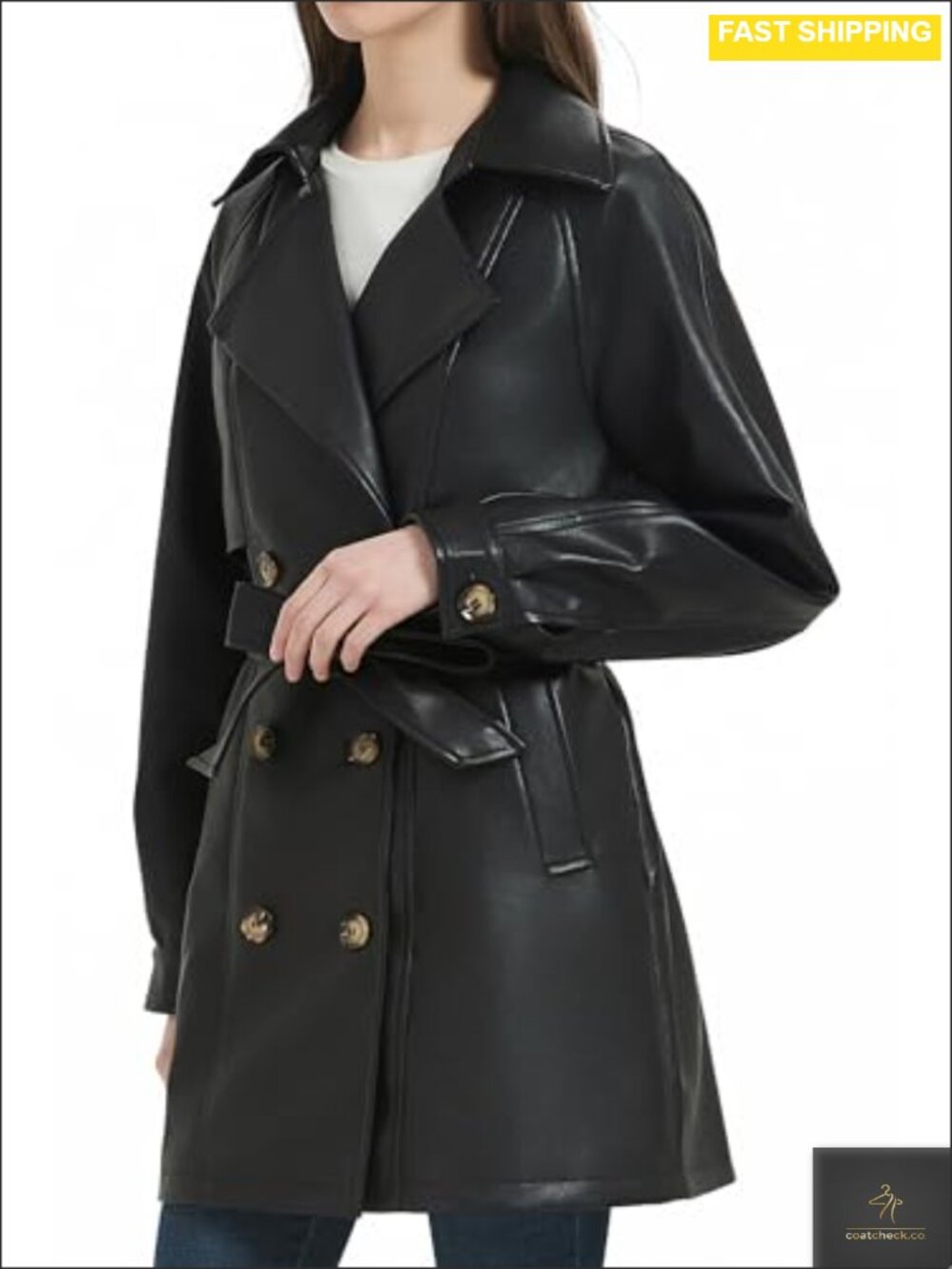 Faux Leather Trench Coat Mid Length Double Breasted Relaxed Fit Vegan Leather